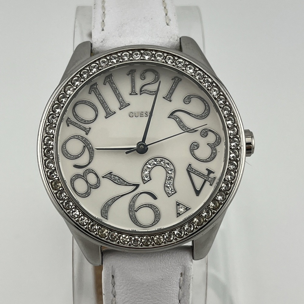Guess Watch‎ Women 37mm Case Pave Bezel G75960L White Leather- New Battery
